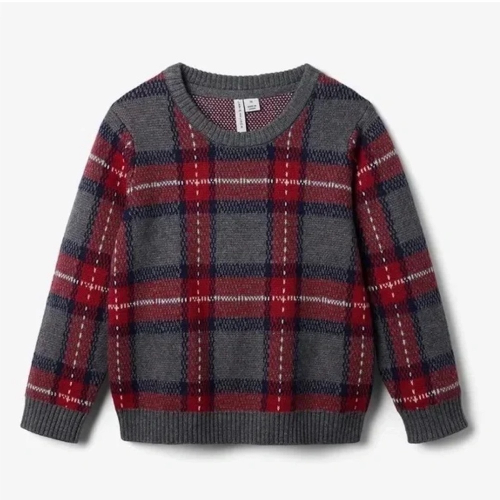 Janie and Jack Gray and Red Plaid Crewneck Sweater (Size 8 Youth)